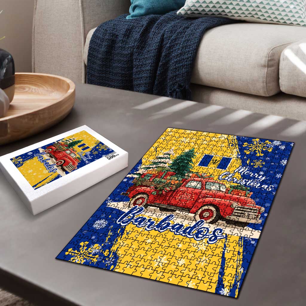 Barbados Christmas Puzzle with Blue Yellow Xmas Snowflakes Red Truck and Coat of Arms - Wonder Print Shop