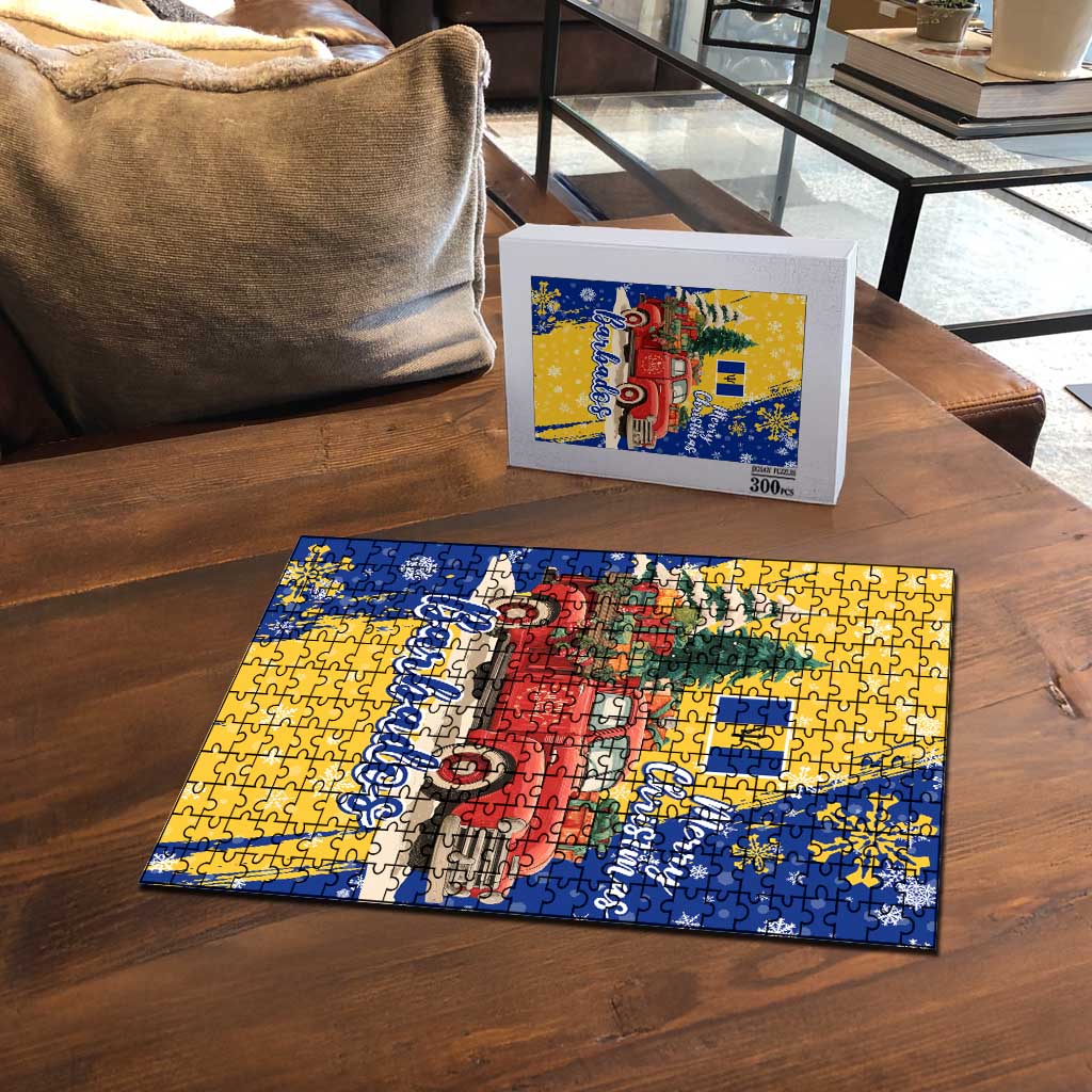 Barbados Christmas Puzzle with Blue Yellow Xmas Snowflakes Red Truck and Coat of Arms - Wonder Print Shop