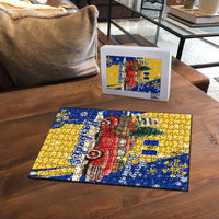 Barbados Christmas Puzzle with Blue Yellow Xmas Snowflakes Red Truck and Coat of Arms - Wonder Print Shop