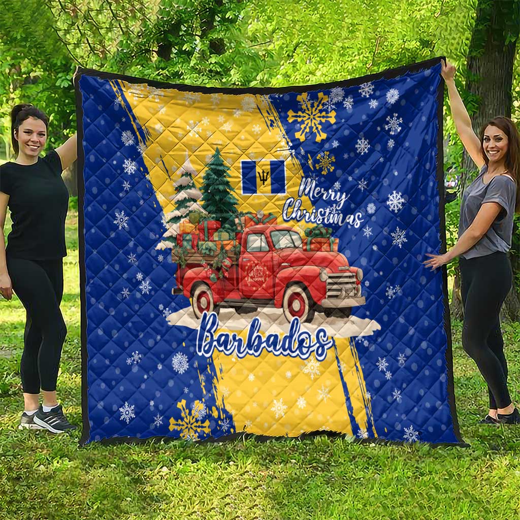 Barbados Christmas Quilt with Blue Yellow Xmas Snowflakes Red Truck and Coat of Arms - Wonder Print Shop