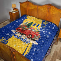 Barbados Christmas Quilt with Blue Yellow Xmas Snowflakes Red Truck and Coat of Arms - Wonder Print Shop