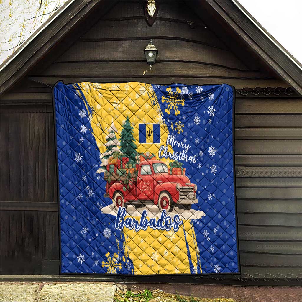 Barbados Christmas Quilt with Blue Yellow Xmas Snowflakes Red Truck and Coat of Arms - Wonder Print Shop