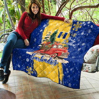 Barbados Christmas Quilt with Blue Yellow Xmas Snowflakes Red Truck and Coat of Arms - Wonder Print Shop