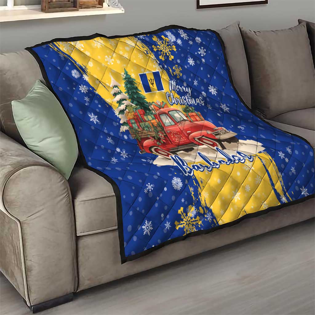 Barbados Christmas Quilt with Blue Yellow Xmas Snowflakes Red Truck and Coat of Arms - Wonder Print Shop