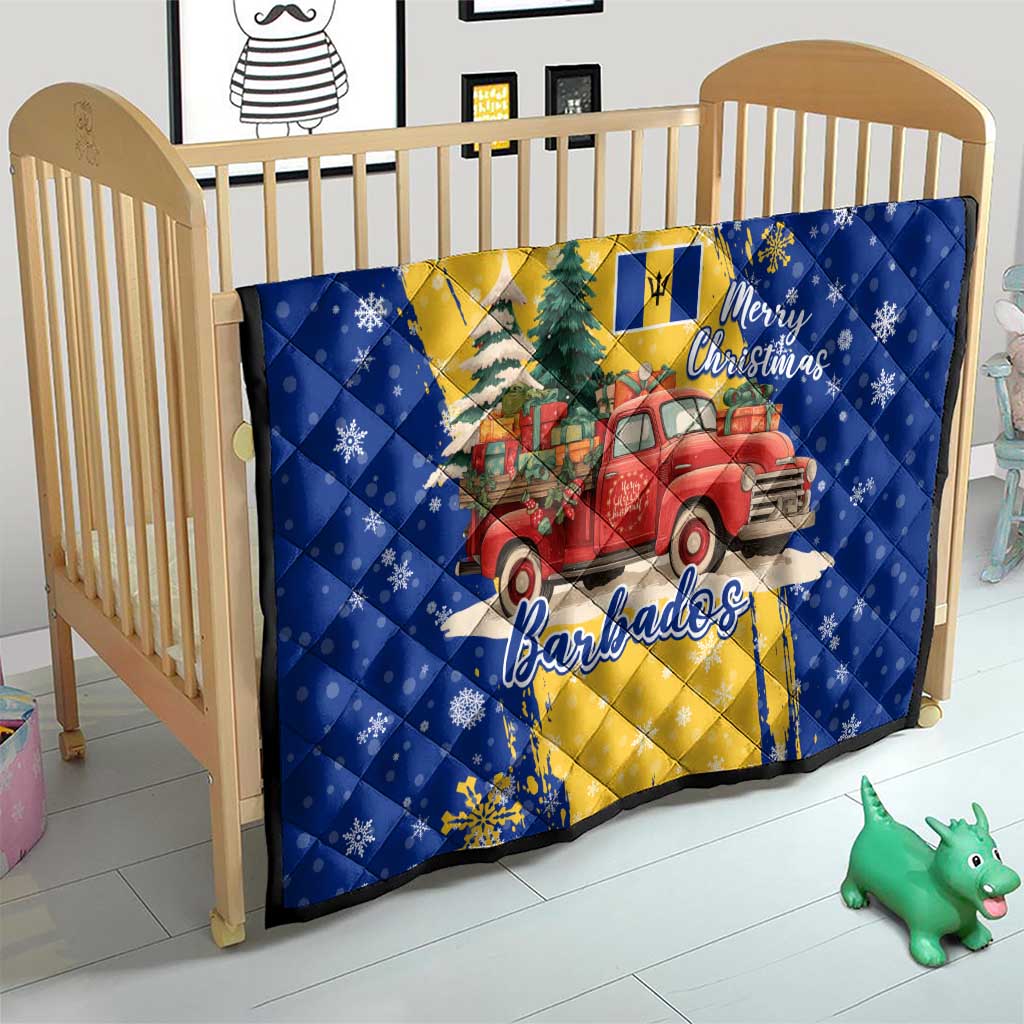 Barbados Christmas Quilt with Blue Yellow Xmas Snowflakes Red Truck and Coat of Arms - Wonder Print Shop
