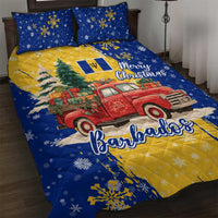 Barbados Christmas Quilt Bed Set with Blue Yellow Xmas Snowflakes Red Truck and Coat of Arms - Wonder Print Shop