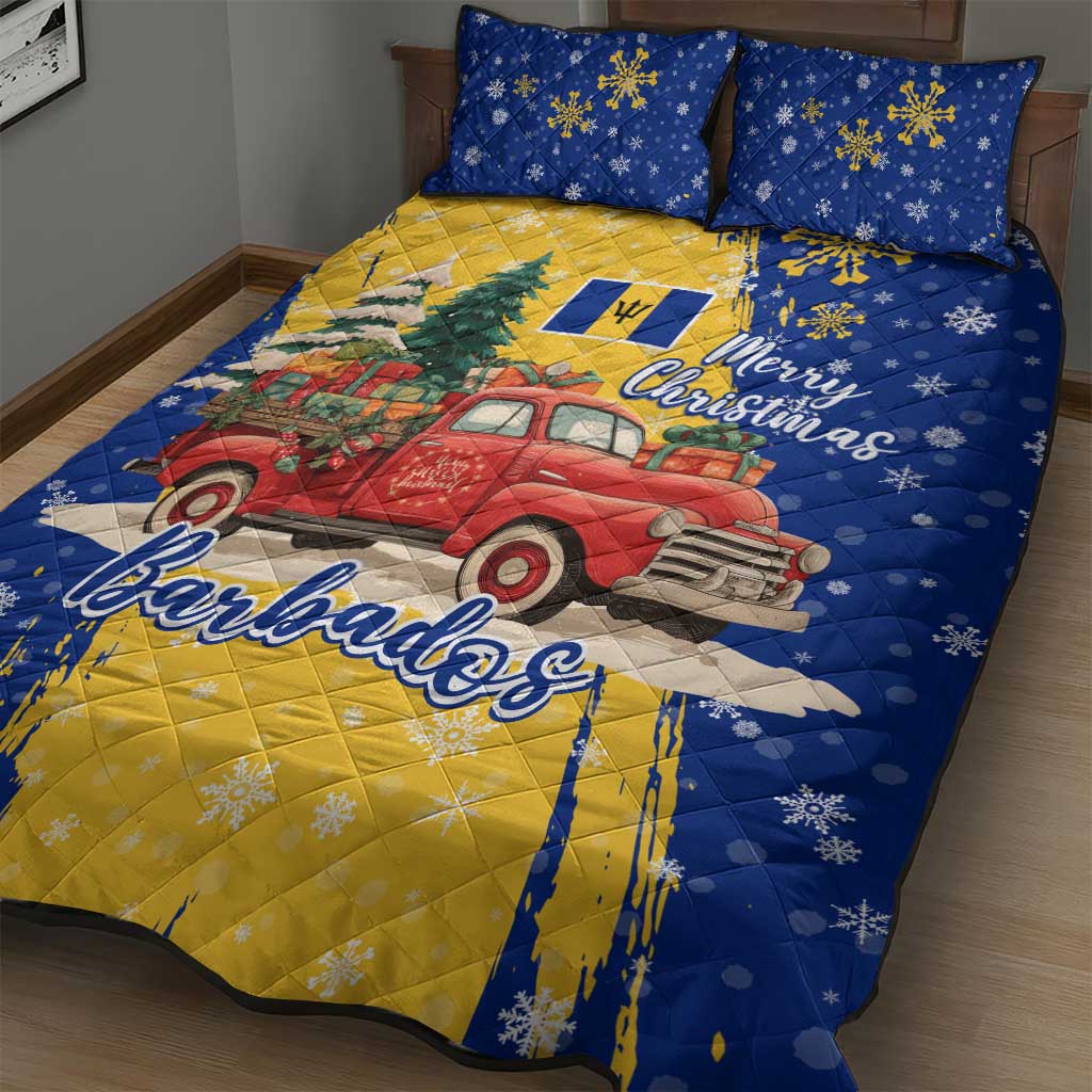 Barbados Christmas Quilt Bed Set with Blue Yellow Xmas Snowflakes Red Truck and Coat of Arms - Wonder Print Shop