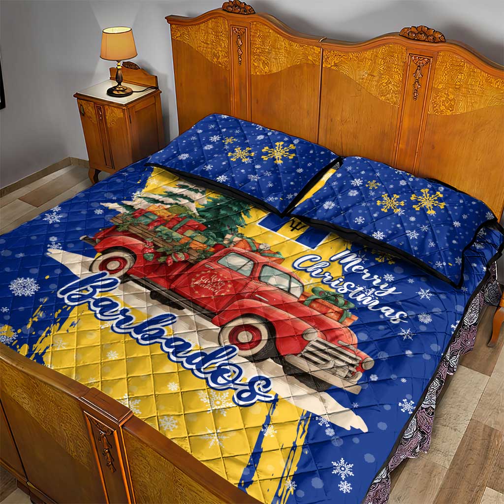 Barbados Christmas Quilt Bed Set with Blue Yellow Xmas Snowflakes Red Truck and Coat of Arms - Wonder Print Shop