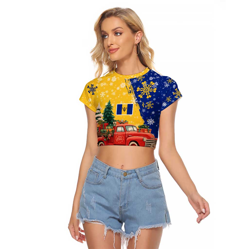 Barbados Christmas Raglan Cropped T Shirt with Blue Yellow Xmas Snowflakes Red Truck and Coat of Arms - Wonder Print Shop