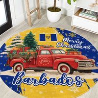 Barbados Christmas Round Carpet with Blue Yellow Xmas Snowflakes Red Truck and Coat of Arms - Wonder Print Shop