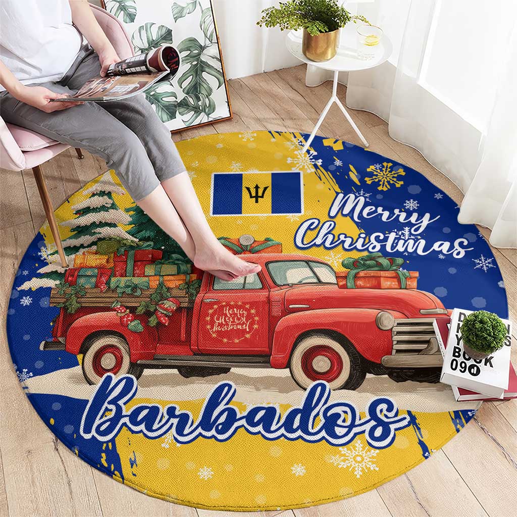 Barbados Christmas Round Carpet with Blue Yellow Xmas Snowflakes Red Truck and Coat of Arms - Wonder Print Shop