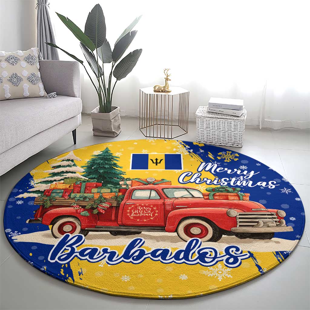 Barbados Christmas Round Carpet with Blue Yellow Xmas Snowflakes Red Truck and Coat of Arms - Wonder Print Shop