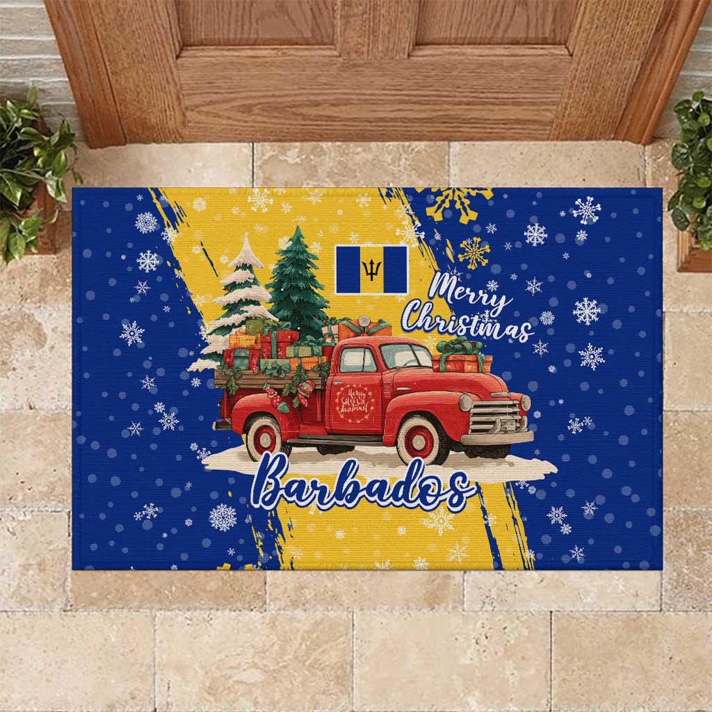 Barbados Christmas Rubber Doormat with Blue Yellow Xmas Snowflakes Red Truck and Coat of Arms - Wonder Print Shop