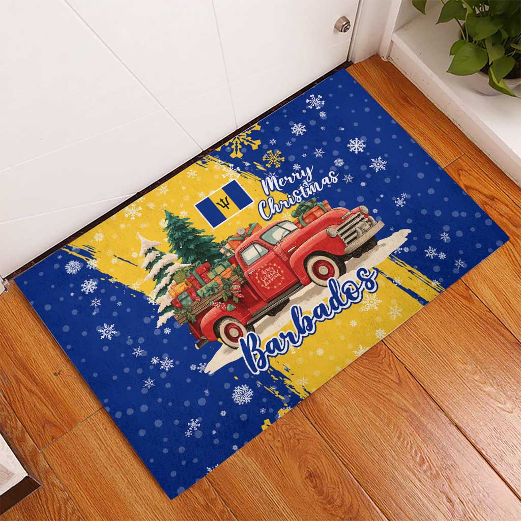 Barbados Christmas Rubber Doormat with Blue Yellow Xmas Snowflakes Red Truck and Coat of Arms - Wonder Print Shop