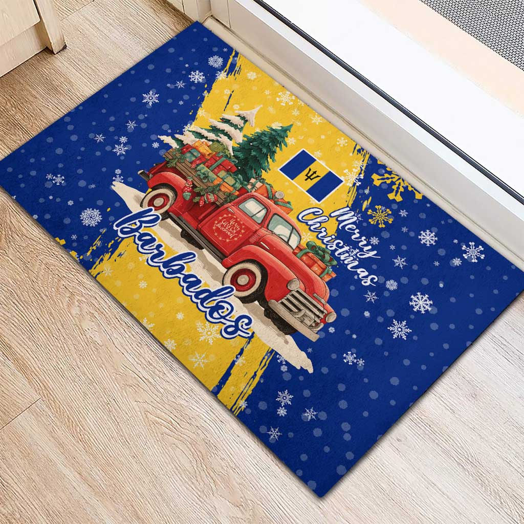 Barbados Christmas Rubber Doormat with Blue Yellow Xmas Snowflakes Red Truck and Coat of Arms - Wonder Print Shop
