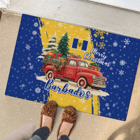 Barbados Christmas Rubber Doormat with Blue Yellow Xmas Snowflakes Red Truck and Coat of Arms - Wonder Print Shop