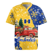 Barbados Christmas Rugby Jersey with Blue Yellow Xmas Snowflakes Red Truck and Coat of Arms - Wonder Print Shop