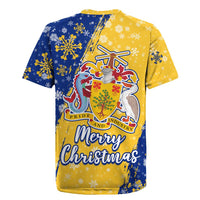 Barbados Christmas Rugby Jersey with Blue Yellow Xmas Snowflakes Red Truck and Coat of Arms - Wonder Print Shop