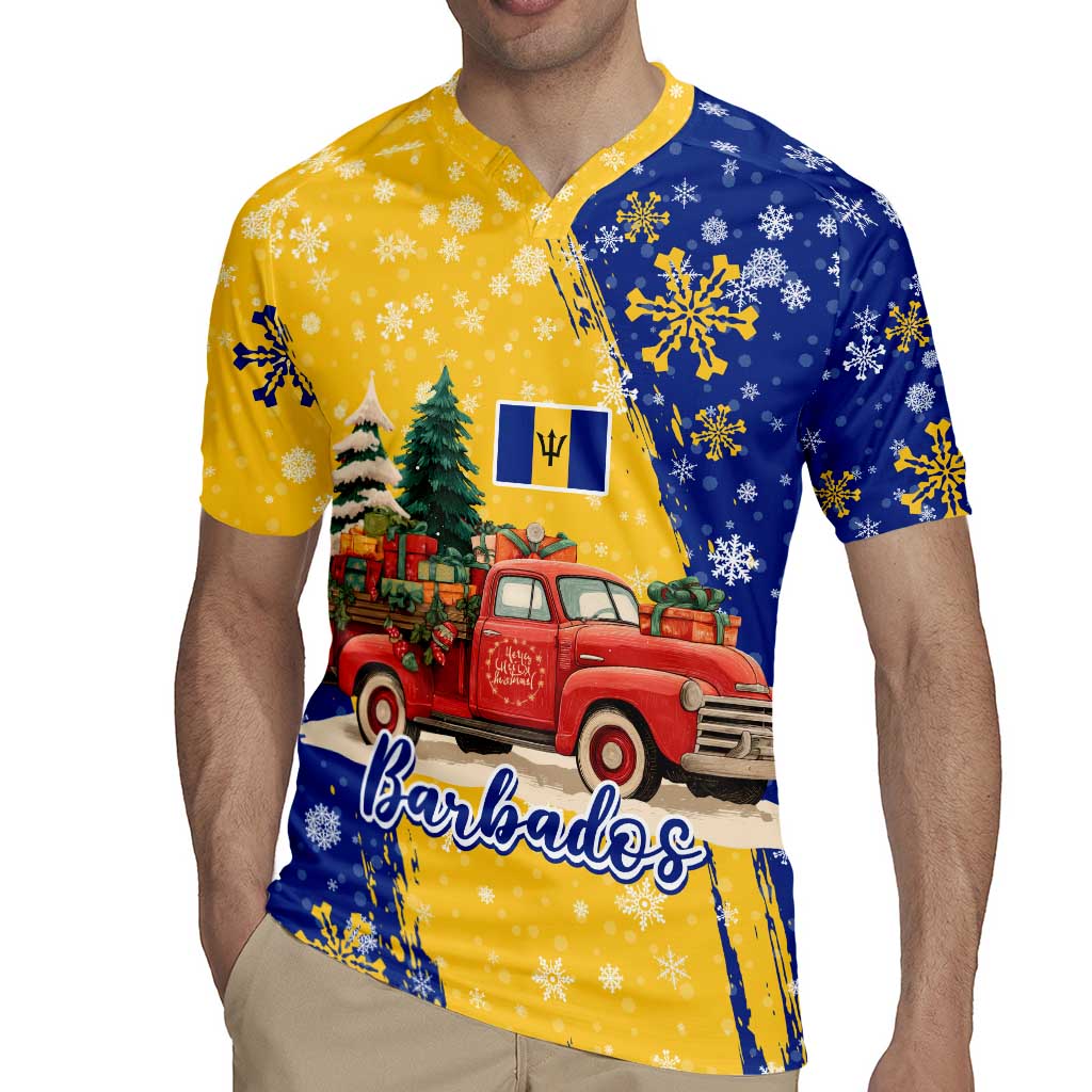 Barbados Christmas Rugby Jersey with Blue Yellow Xmas Snowflakes Red Truck and Coat of Arms - Wonder Print Shop
