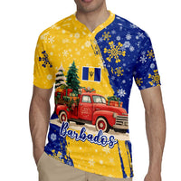 Barbados Christmas Rugby Jersey with Blue Yellow Xmas Snowflakes Red Truck and Coat of Arms - Wonder Print Shop