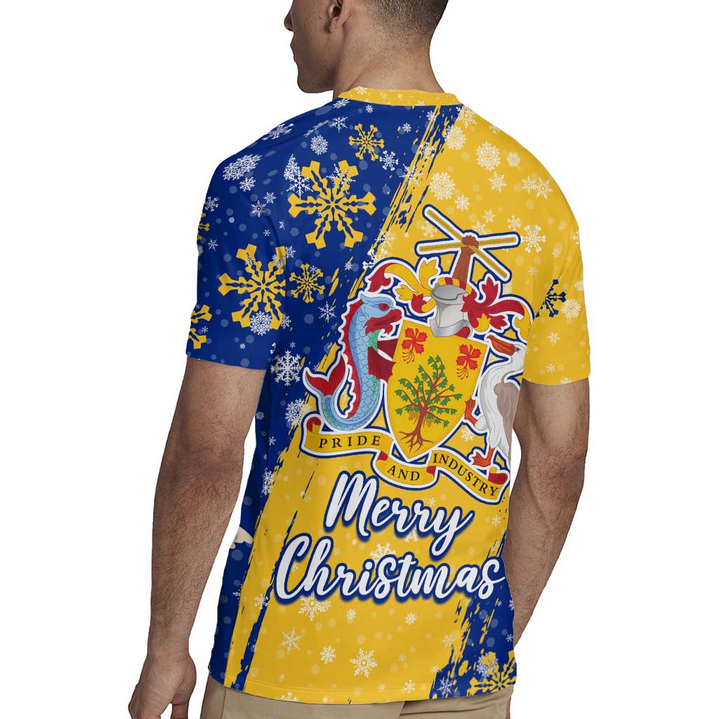 Barbados Christmas Rugby Jersey with Blue Yellow Xmas Snowflakes Red Truck and Coat of Arms - Wonder Print Shop