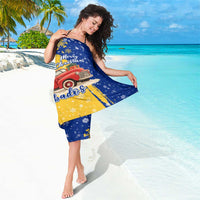 Barbados Christmas Sarong with Blue Yellow Xmas Snowflakes Red Truck and Coat of Arms - Wonder Print Shop