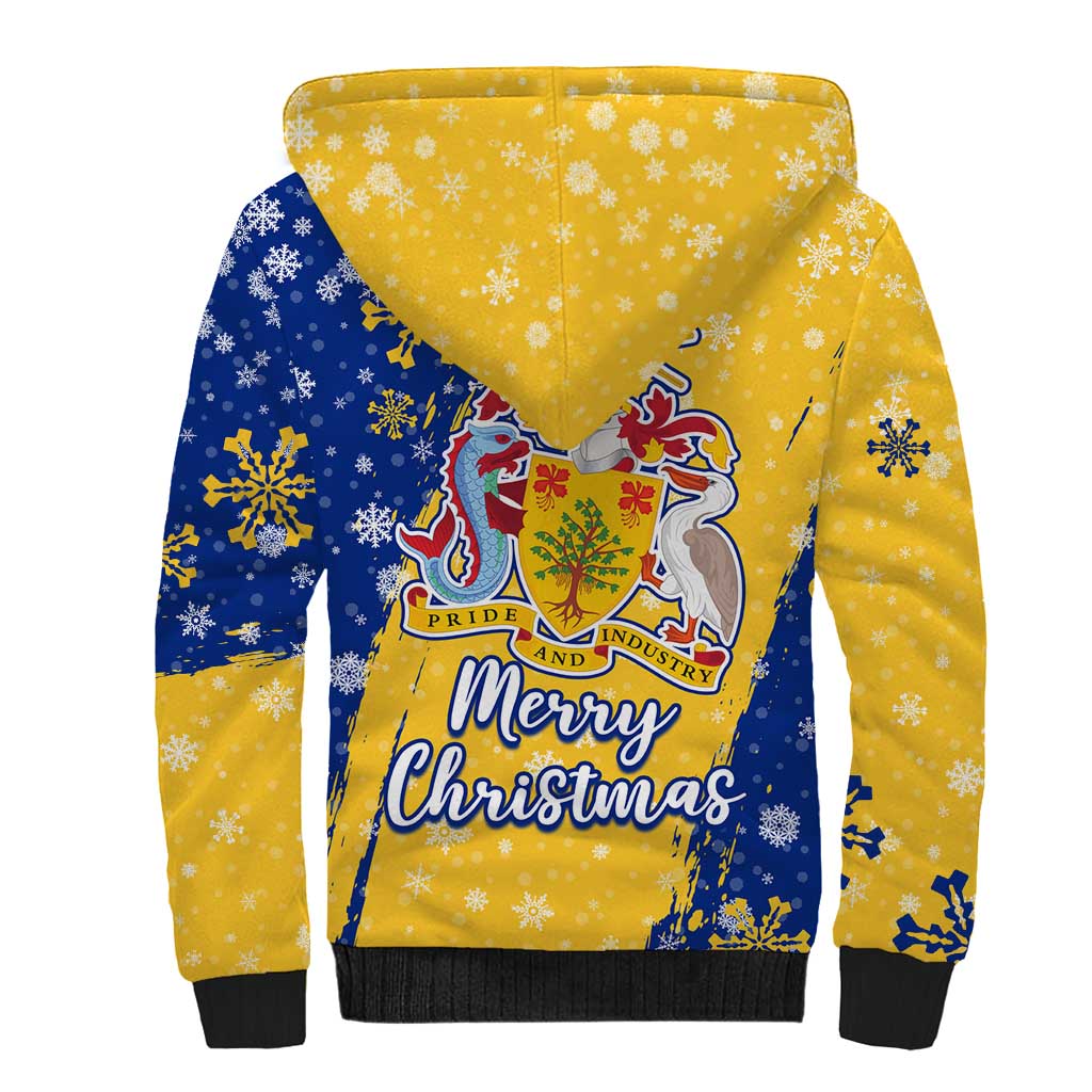Barbados Christmas Sherpa Hoodie with Blue Yellow Xmas Snowflakes Red Truck and Coat of Arms - Wonder Print Shop