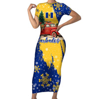 Barbados Christmas Short Sleeve Bodycon Dress with Blue Yellow Xmas Snowflakes Red Truck and Coat of Arms - Wonder Print Shop