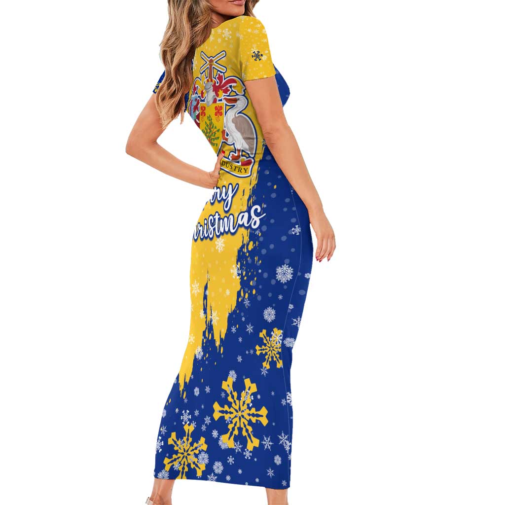 Barbados Christmas Short Sleeve Bodycon Dress with Blue Yellow Xmas Snowflakes Red Truck and Coat of Arms - Wonder Print Shop