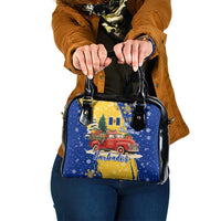 Barbados Christmas Shoulder Handbag with Blue Yellow Xmas Snowflakes Red Truck and Coat of Arms - Wonder Print Shop