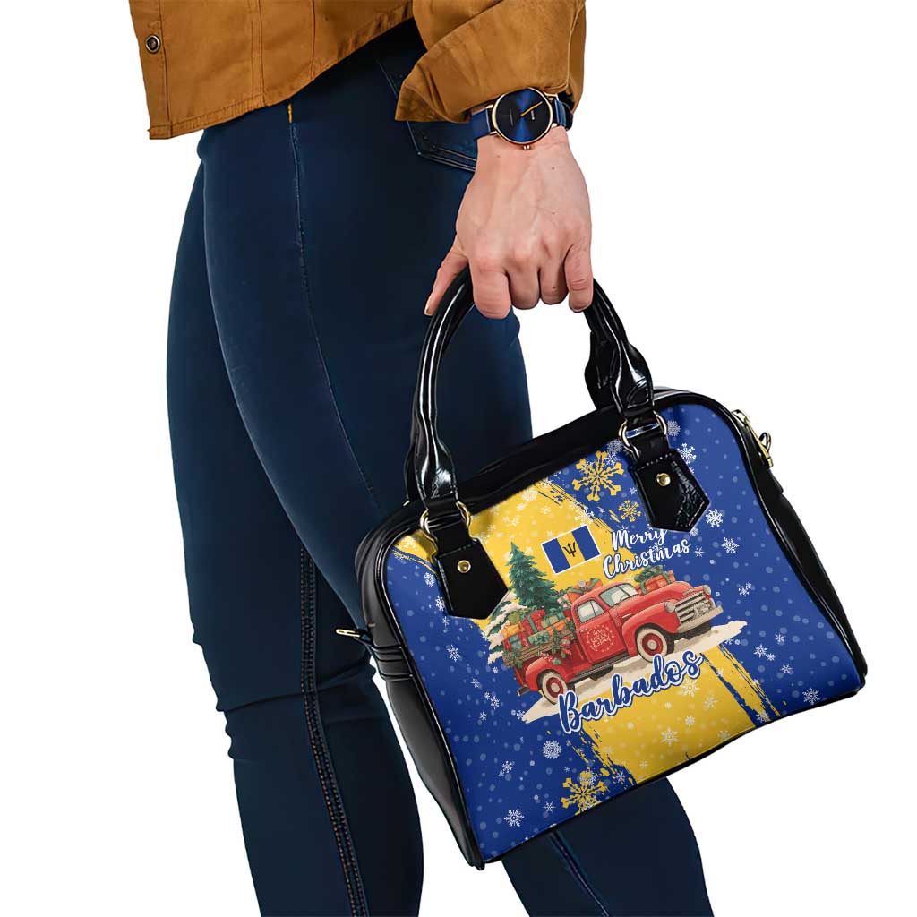 Barbados Christmas Shoulder Handbag with Blue Yellow Xmas Snowflakes Red Truck and Coat of Arms - Wonder Print Shop