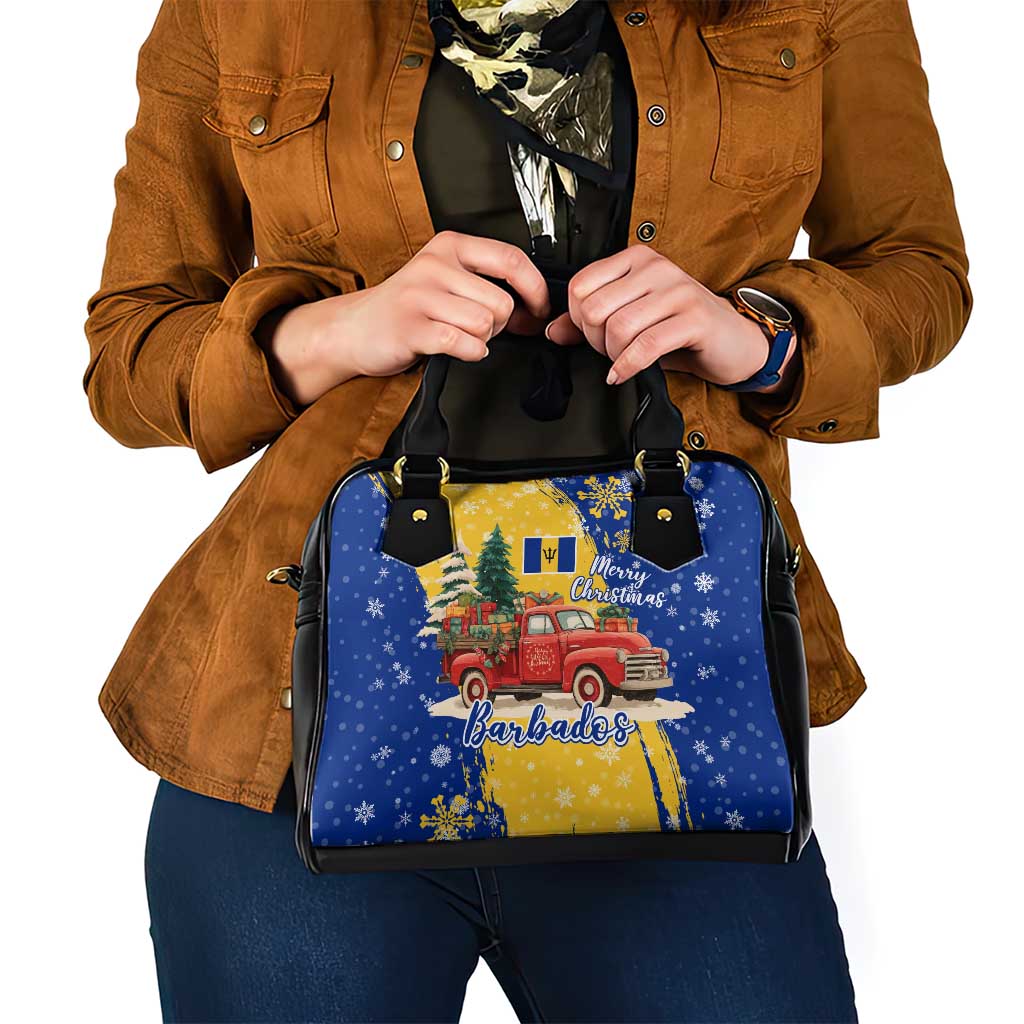 Barbados Christmas Shoulder Handbag with Blue Yellow Xmas Snowflakes Red Truck and Coat of Arms - Wonder Print Shop
