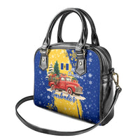 Barbados Christmas Shoulder Handbag with Blue Yellow Xmas Snowflakes Red Truck and Coat of Arms - Wonder Print Shop