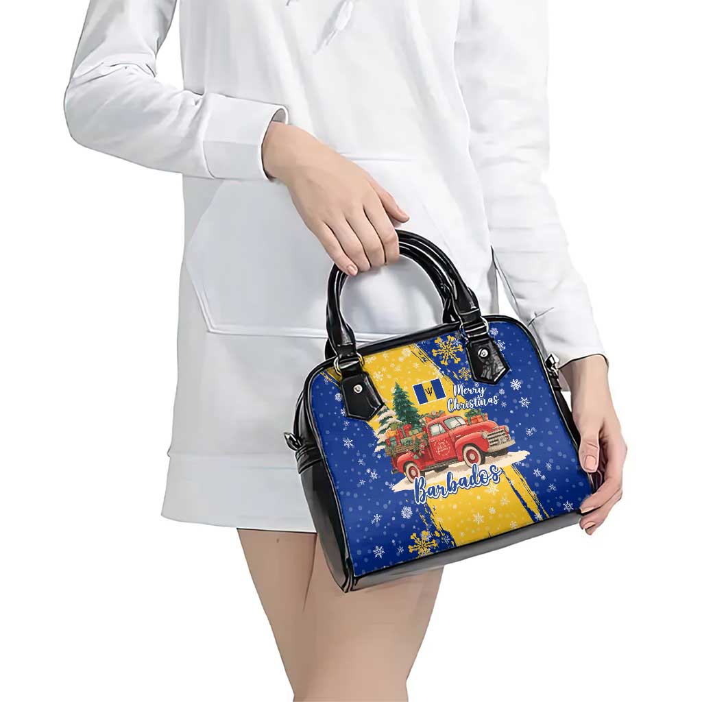 Barbados Christmas Shoulder Handbag with Blue Yellow Xmas Snowflakes Red Truck and Coat of Arms - Wonder Print Shop