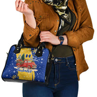 Barbados Christmas Shoulder Handbag with Blue Yellow Xmas Snowflakes Red Truck and Coat of Arms - Wonder Print Shop
