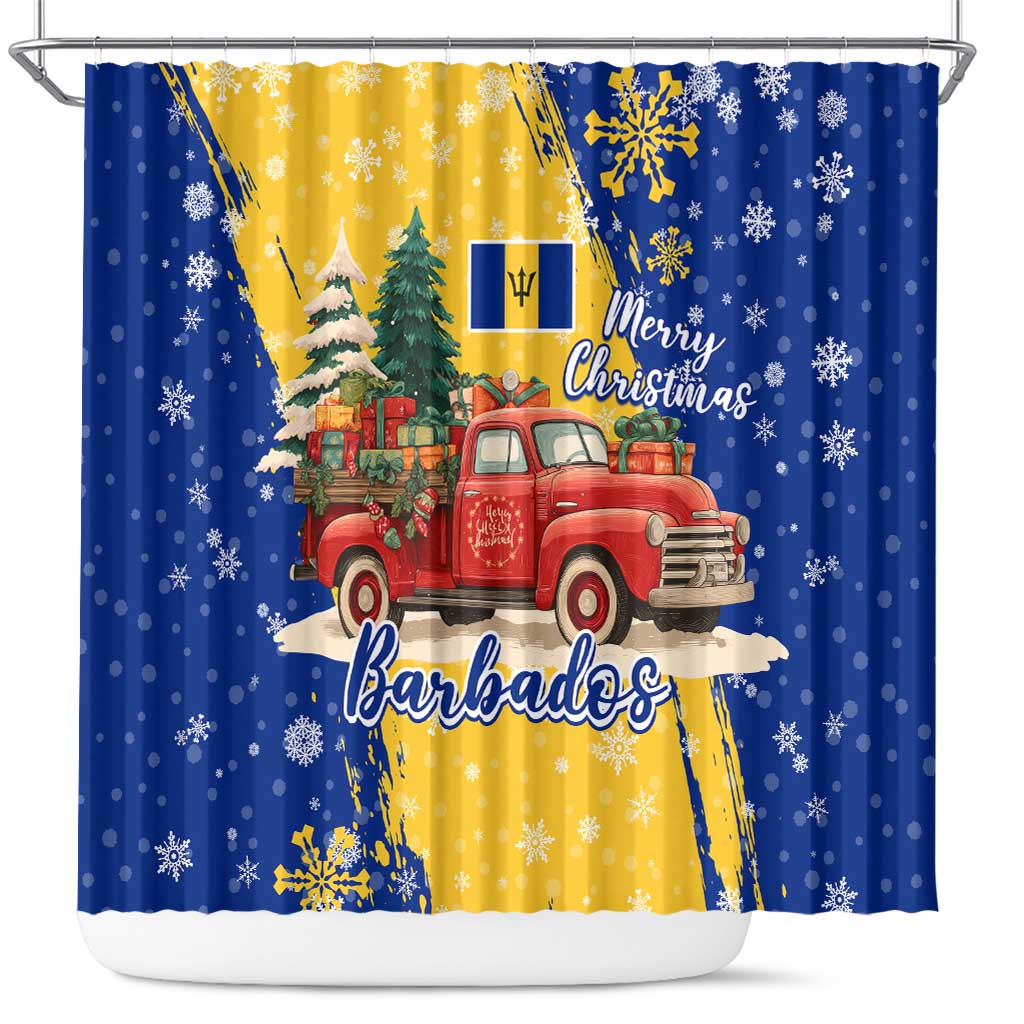 Barbados Christmas Shower Curtain with Blue Yellow Xmas Snowflakes Red Truck and Coat of Arms - Wonder Print Shop