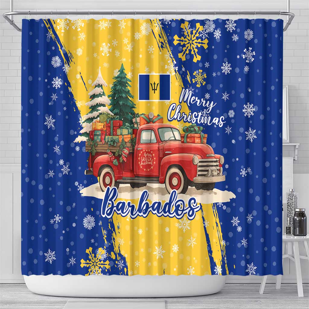 Barbados Christmas Shower Curtain with Blue Yellow Xmas Snowflakes Red Truck and Coat of Arms - Wonder Print Shop