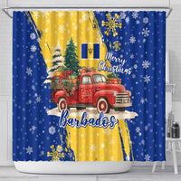 Barbados Christmas Shower Curtain with Blue Yellow Xmas Snowflakes Red Truck and Coat of Arms - Wonder Print Shop