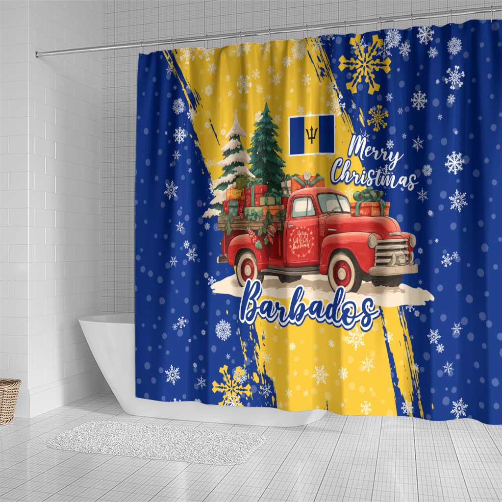 Barbados Christmas Shower Curtain with Blue Yellow Xmas Snowflakes Red Truck and Coat of Arms - Wonder Print Shop