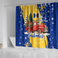 Barbados Christmas Shower Curtain with Blue Yellow Xmas Snowflakes Red Truck and Coat of Arms - Wonder Print Shop