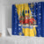 Barbados Christmas Shower Curtain with Blue Yellow Xmas Snowflakes Red Truck and Coat of Arms - Wonder Print Shop