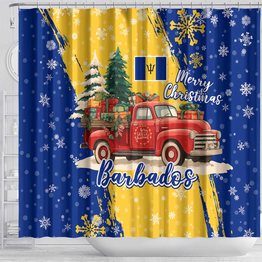 Barbados Christmas Shower Curtain with Blue Yellow Xmas Snowflakes Red Truck and Coat of Arms - Wonder Print Shop
