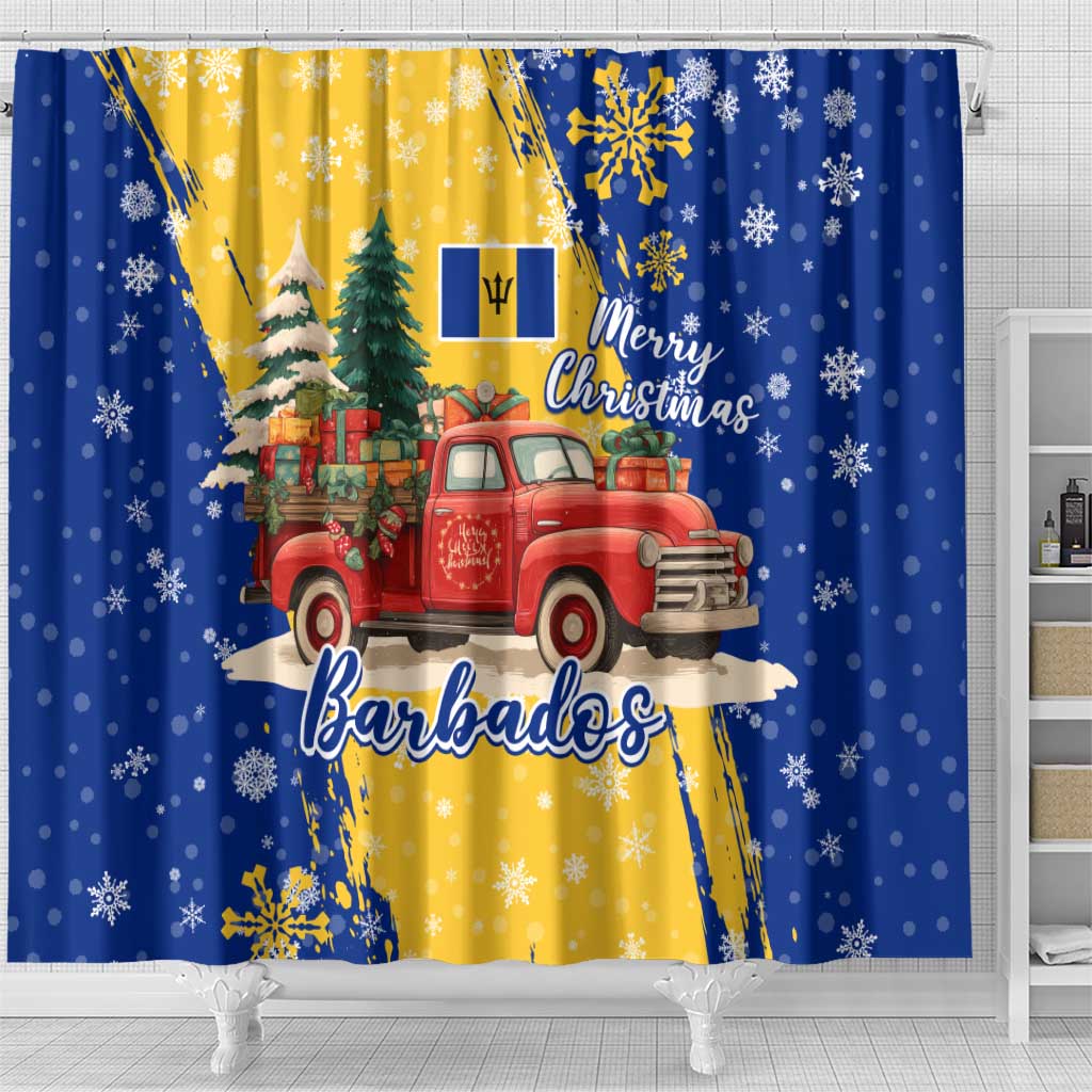 Barbados Christmas Shower Curtain with Blue Yellow Xmas Snowflakes Red Truck and Coat of Arms - Wonder Print Shop
