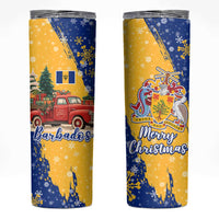 Barbados Christmas Skinny Tumbler with Blue Yellow Xmas Snowflakes Red Truck and Coat of Arms - Wonder Print Shop