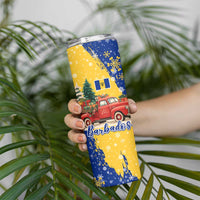 Barbados Christmas Skinny Tumbler with Blue Yellow Xmas Snowflakes Red Truck and Coat of Arms - Wonder Print Shop
