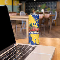 Barbados Christmas Skinny Tumbler with Blue Yellow Xmas Snowflakes Red Truck and Coat of Arms - Wonder Print Shop