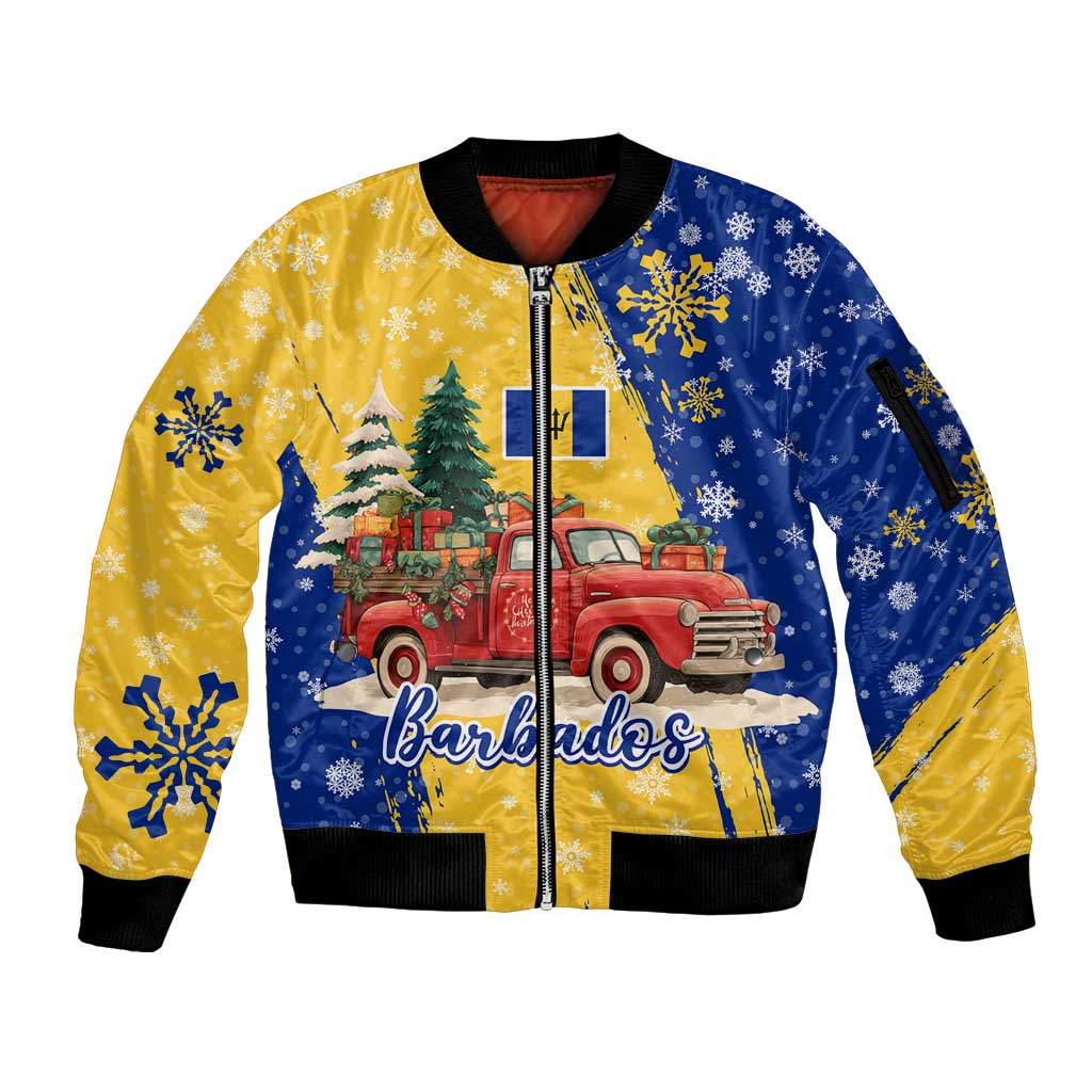 Barbados Christmas Sleeve Zip Bomber Jacket with Blue Yellow Xmas Snowflakes Red Truck and Coat of Arms - Wonder Print Shop