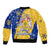 Barbados Christmas Sleeve Zip Bomber Jacket with Blue Yellow Xmas Snowflakes Red Truck and Coat of Arms - Wonder Print Shop