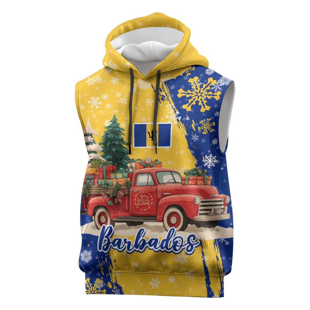 Barbados Christmas Sleeveless Hoodie with Blue Yellow Xmas Snowflakes Red Truck and Coat of Arms - Wonder Print Shop