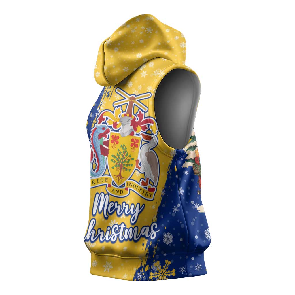 Barbados Christmas Sleeveless Hoodie with Blue Yellow Xmas Snowflakes Red Truck and Coat of Arms - Wonder Print Shop